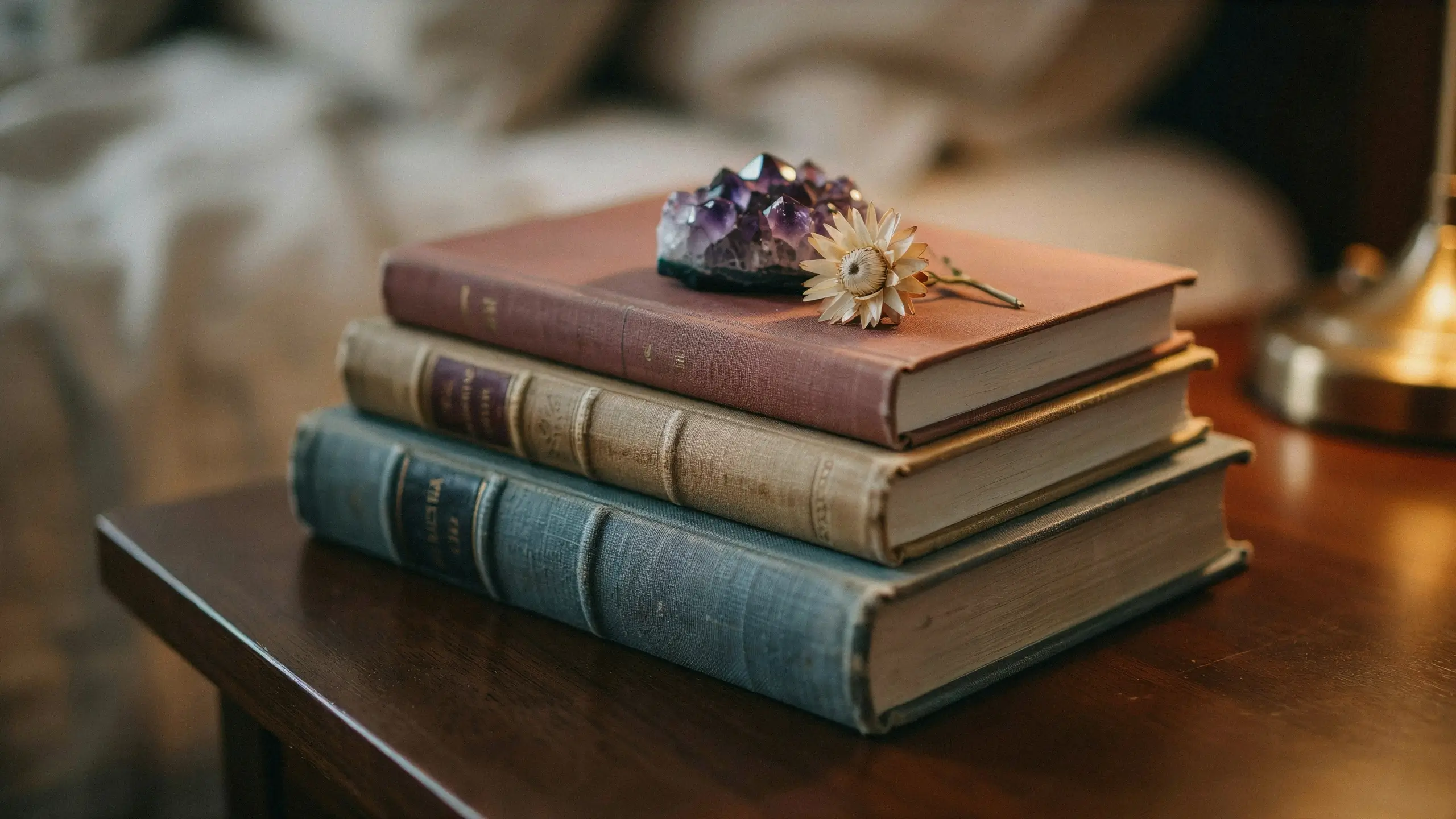 A stack of three vintage hardcover books topped with a purple amethyst crystal cluster and a single dried white flower on a dark wooden table with warm lighting. 