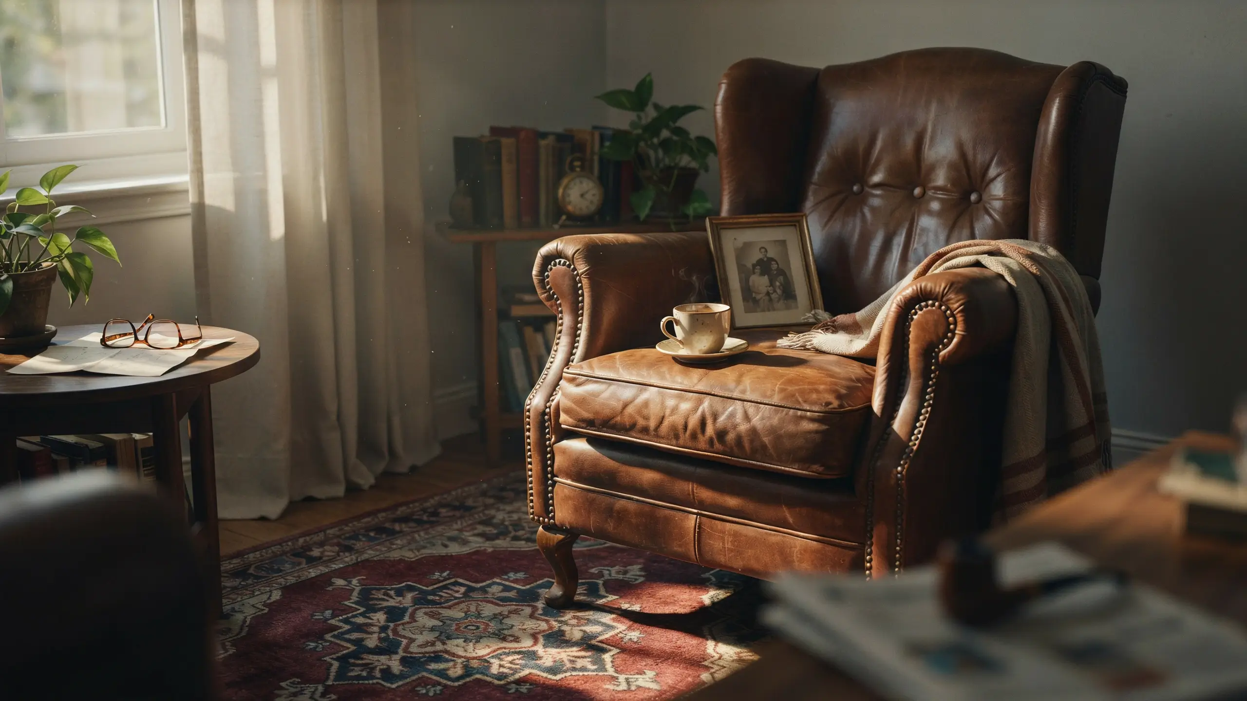 A vintage brown leather wingback chair holding a steaming teacup and framed family photo, bathed in warm sunlight in a cozy traditional living room. 