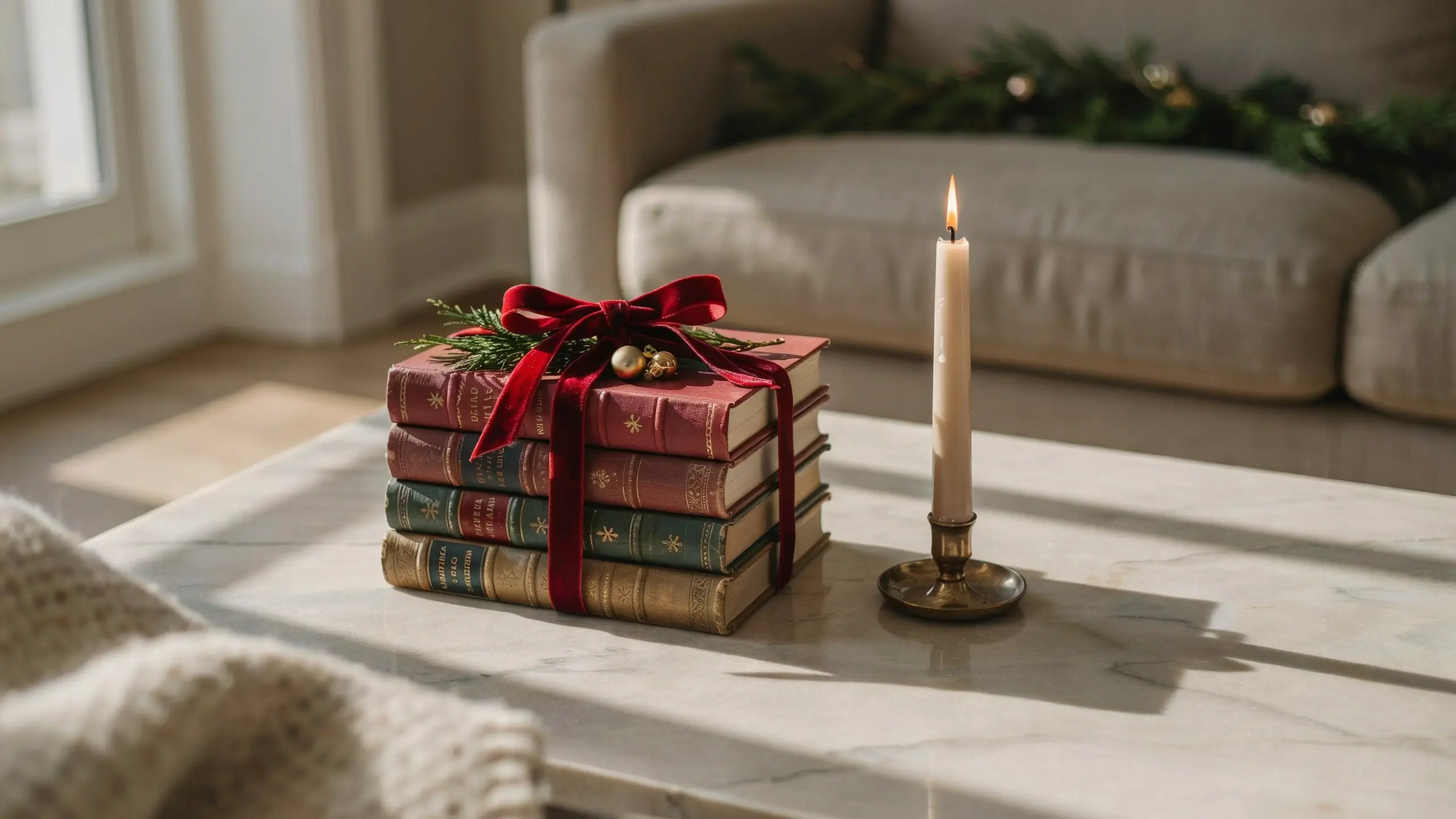 A festive stack of vintage Christmas books tied with a red velvet ribbon, topped with pine sprigs and gold ornaments, placed on a marble coffee table next to a lit taper candle.