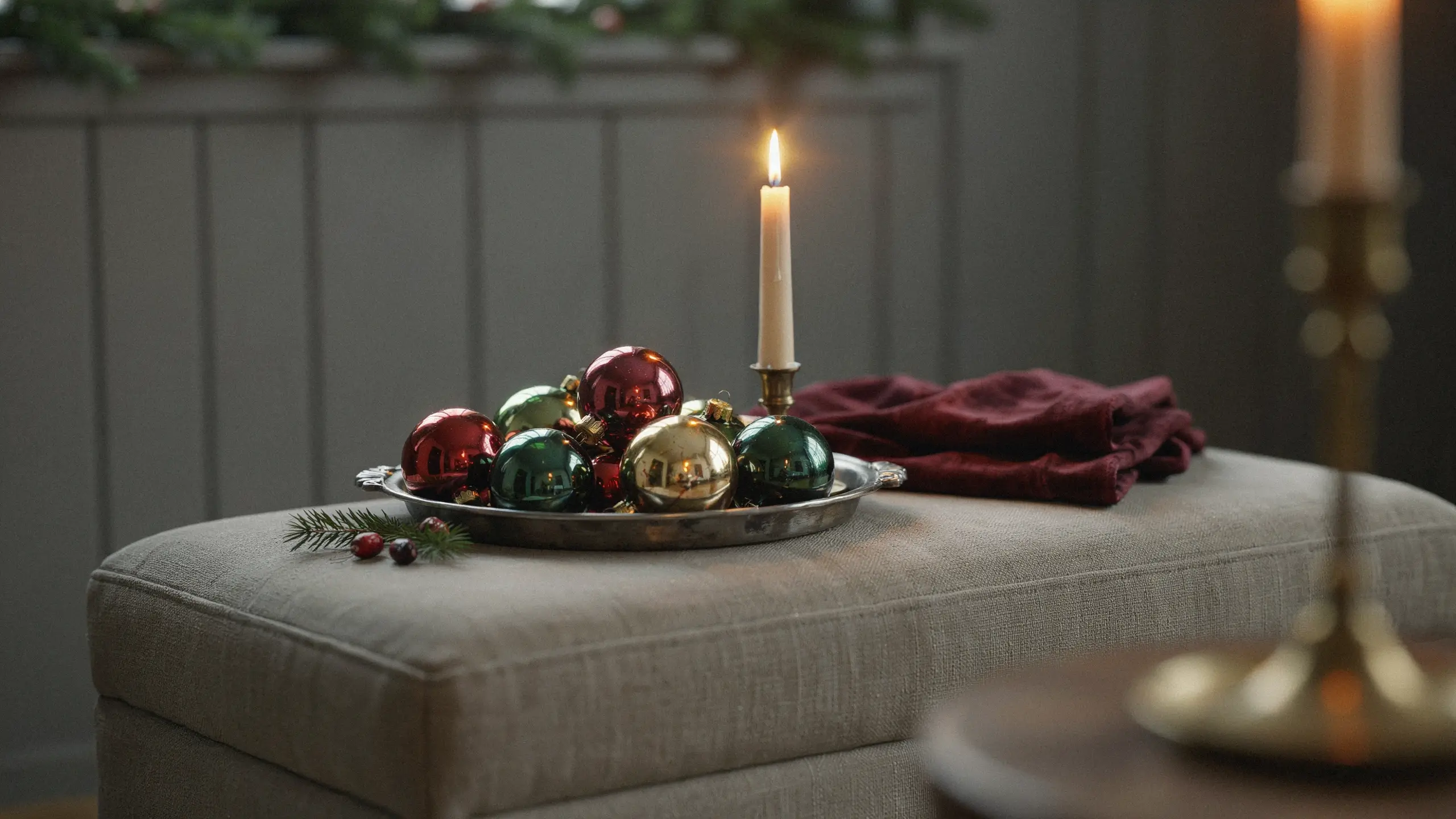 A vintage silver tray filled with red, green, and gold Christmas baubles, featuring a lit white taper candle in a brass holder, resting on a cozy grey upholstered ottoman.