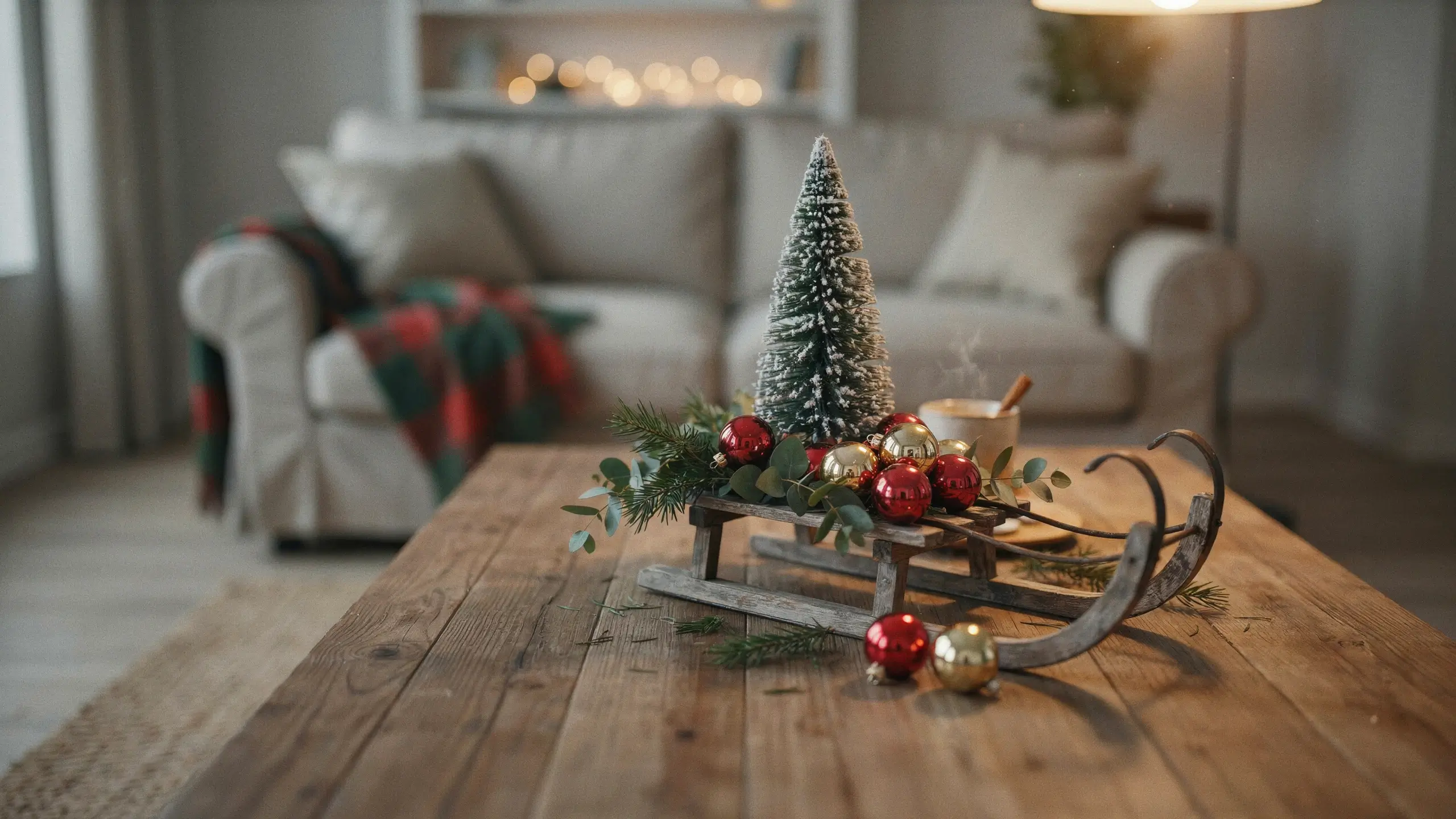 A vintage wooden sled centerpiece decorated with a frosted miniature Christmas tree, red and gold ornaments, and fresh eucalyptus sprigs on a rustic wooden coffee table in a cozy living room.
