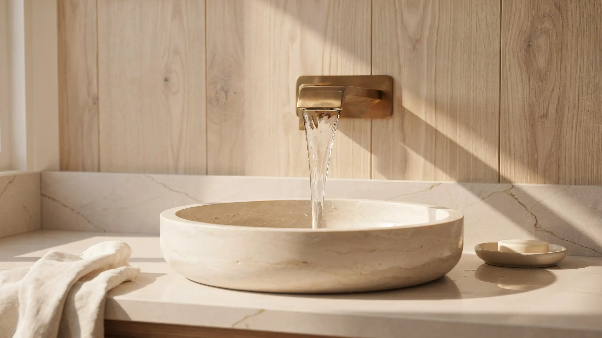 A brushed brass wall-mounted waterfall faucet flowing into a shallow travertine vessel sink on a marble countertop, set against light vertical wood paneling.