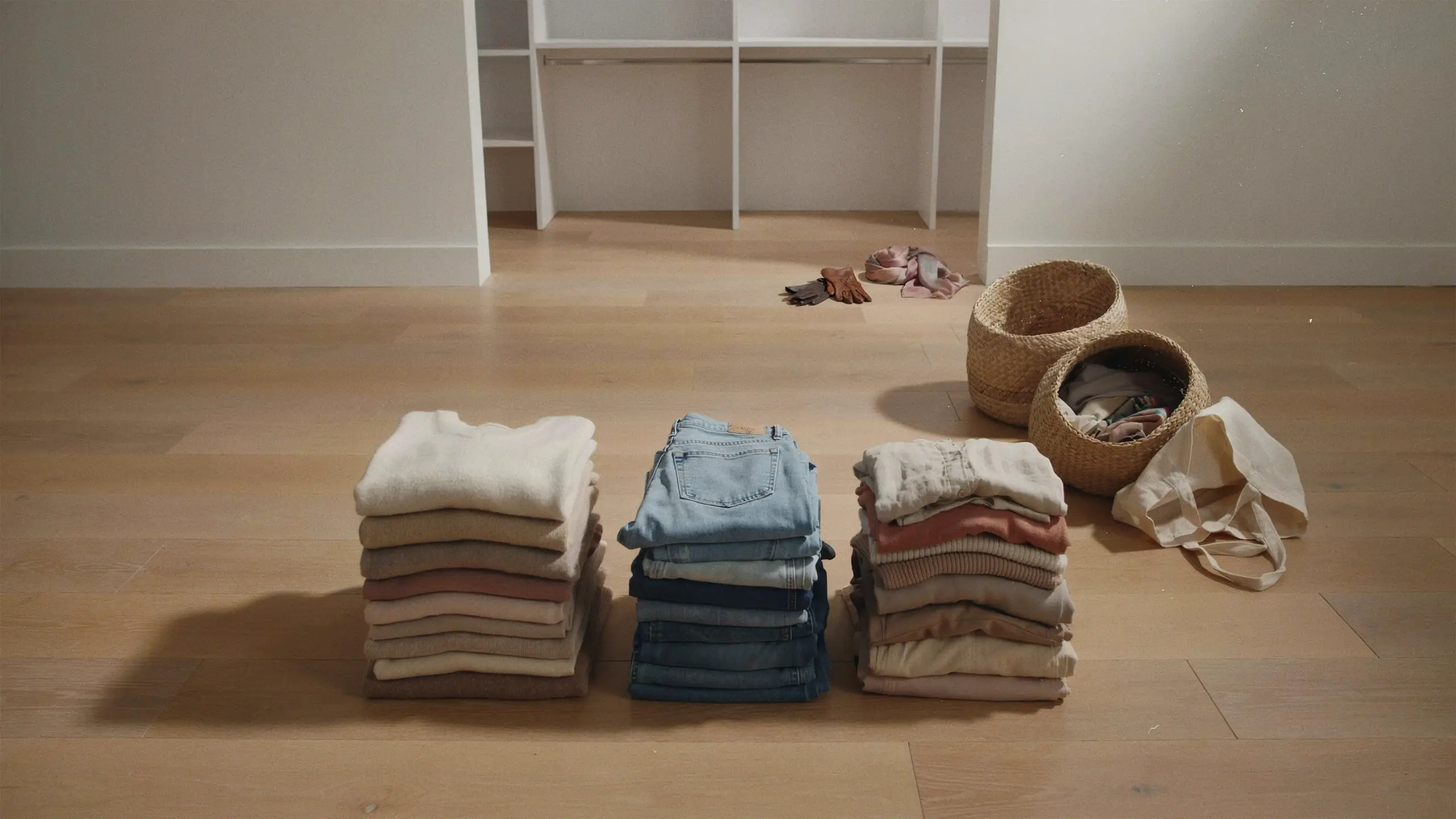 Three neat stacks of folded jeans, sweaters, and tops on a wooden floor beside wicker baskets and a canvas tote bag, representing step two of a full wardrobe purge and clothing organization process.
