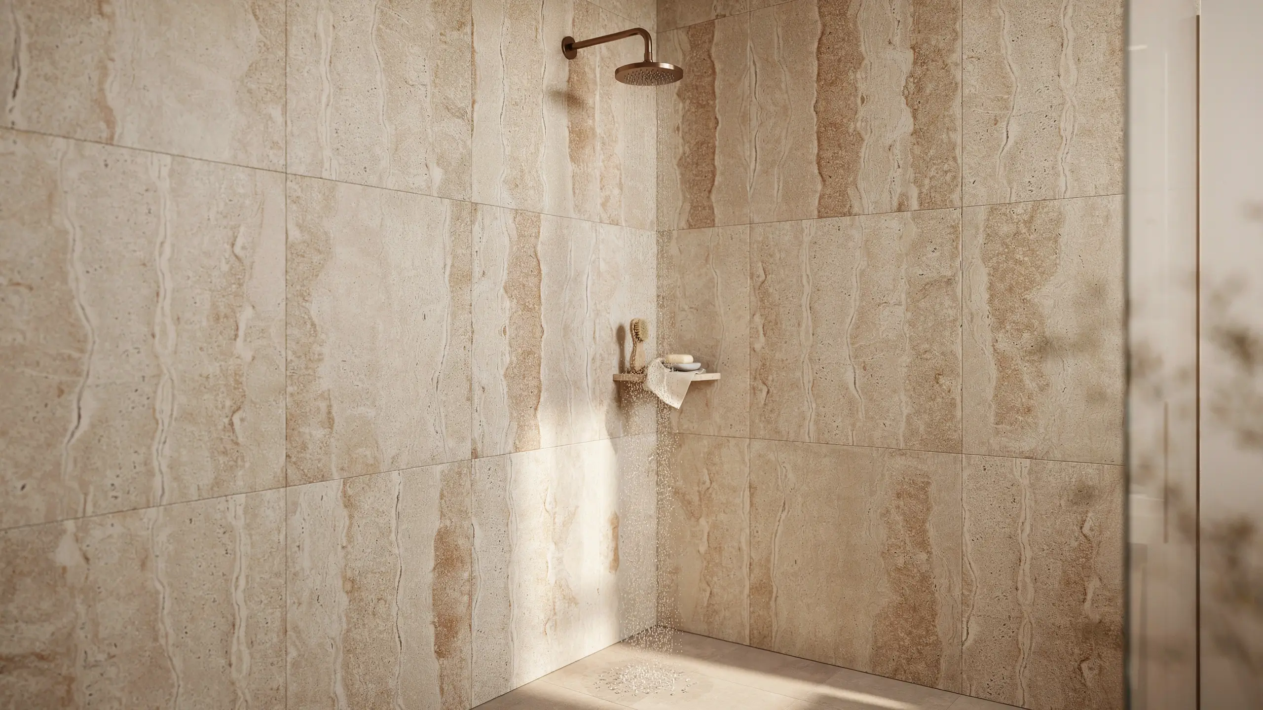 An elegant shower corner featuring large-format beige travertine-look wall tiles, a wall-mounted bronze rainfall showerhead, and organic bathroom accessories bathed in warm natural sunlight.