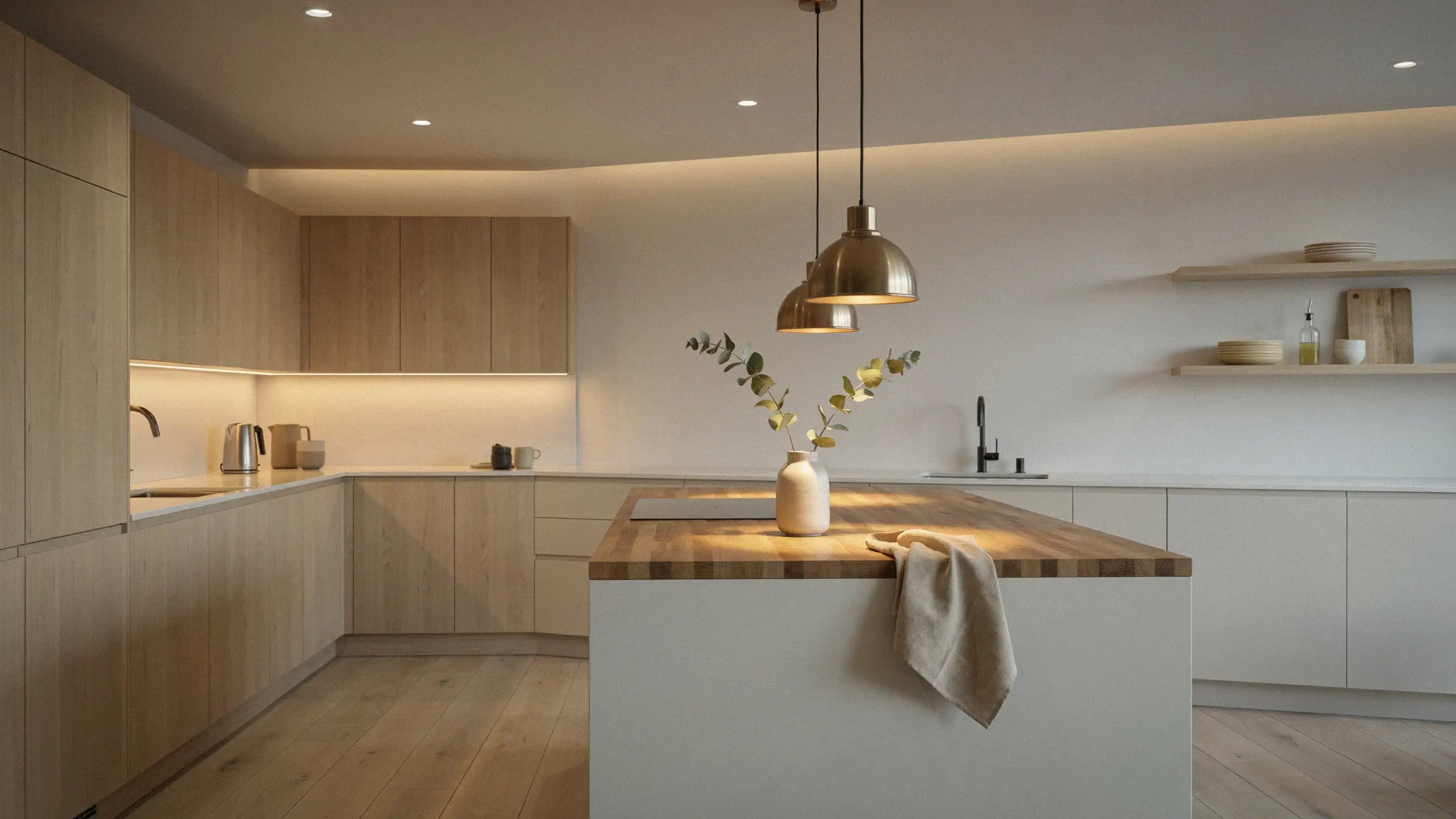 Modern minimalist kitchen with warm layered lighting: ambient recessed ceiling lights, task-oriented brass pendant fixtures, and accent under-cabinet LED strips highlighting wood cabinetry.