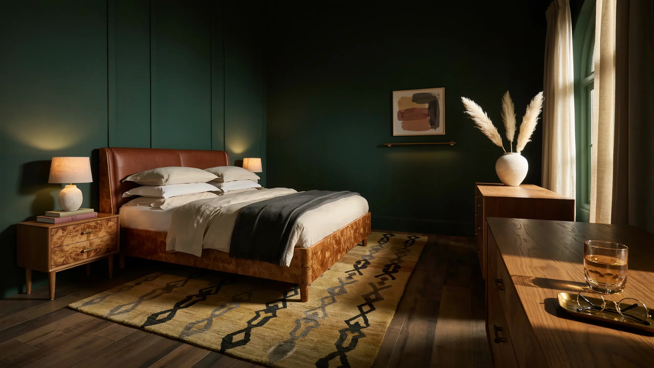 Warm walnut burl wood bed frame and nightstands with white bedding against dark green walls.