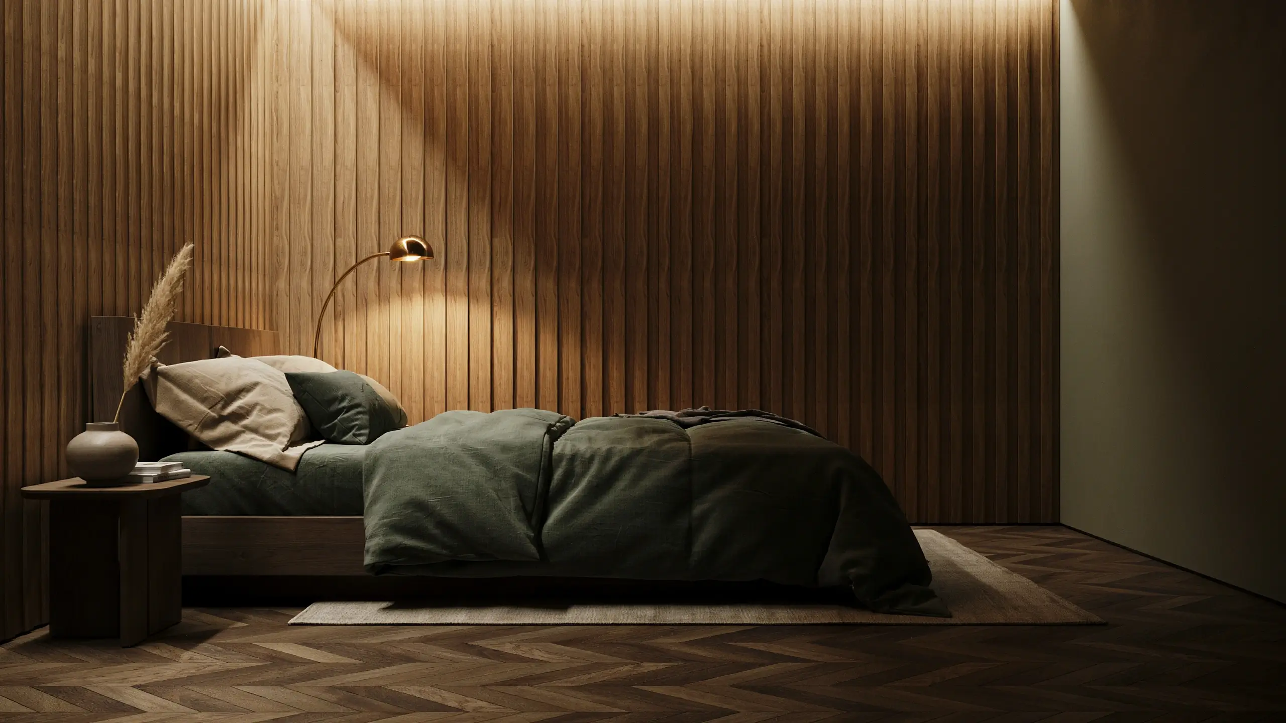 Bedroom interior featuring a vertical wood slat accent wall, sage green bedding, and a warm brass floor lamp.