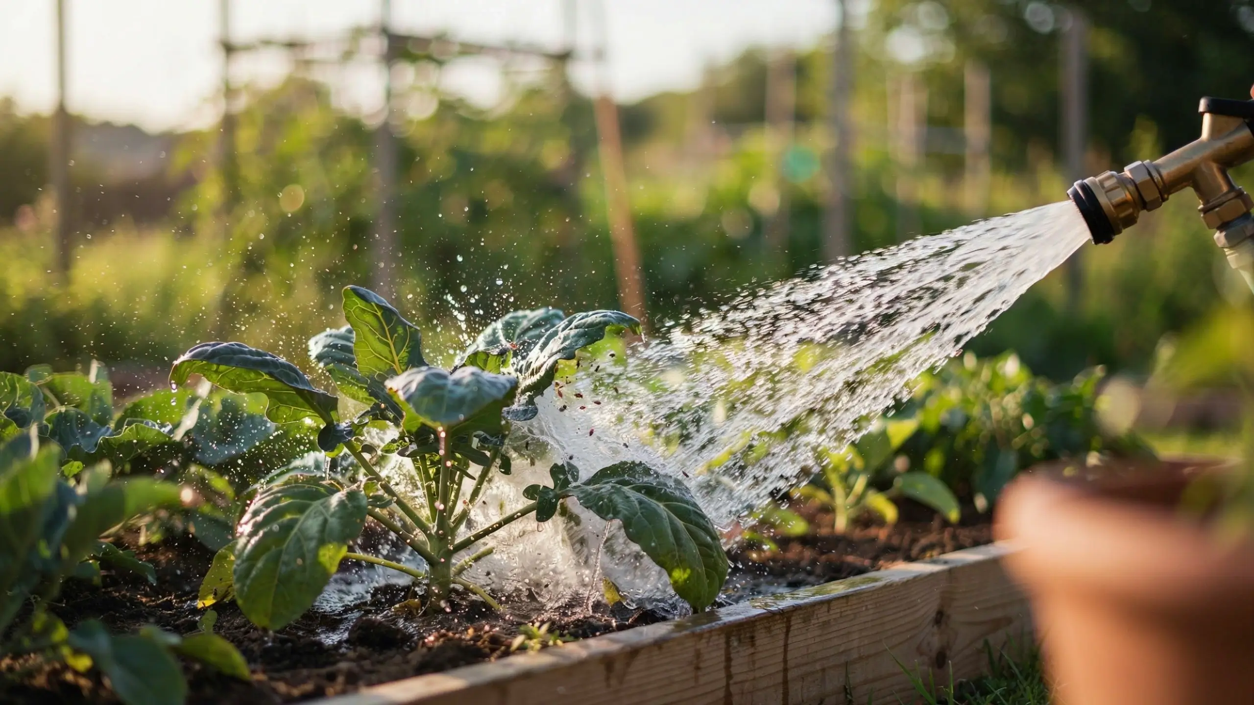 Close-up of a brass nozzle spraying a powerful water stream on leafy green vegetable plants in a raised bed to remove pests and aphids. 