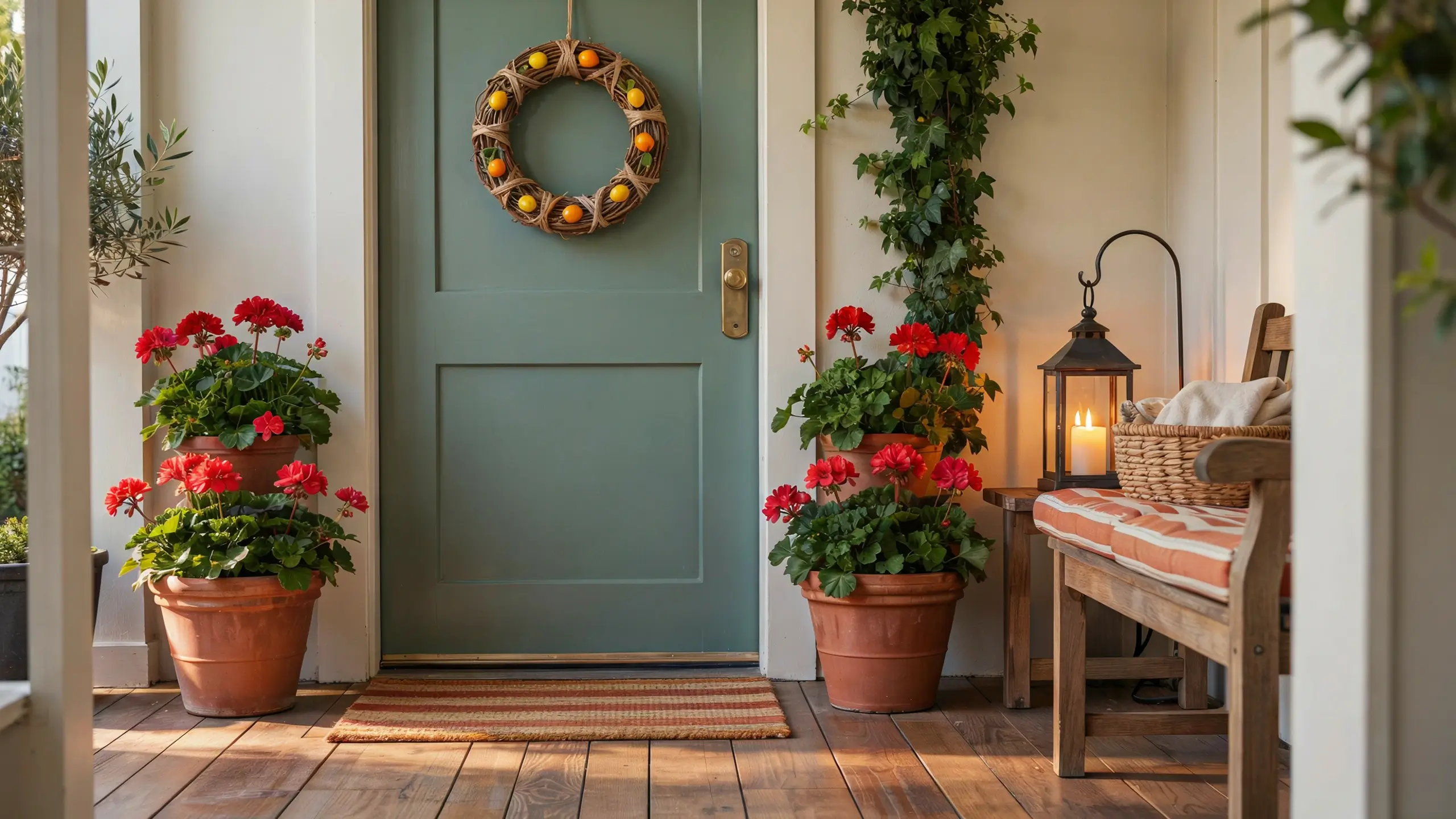 A refreshed and welcoming front porch entryway featuring a sage green door hung with a decorative citrus wreath. Flanking the door are vibrant red geraniums potted in rustic terracotta planters. To the right, a wooden bench with orange-and-white striped cushions sits beside a warm candle lantern and a woven blanket basket, creating a cozy outdoor oasis.