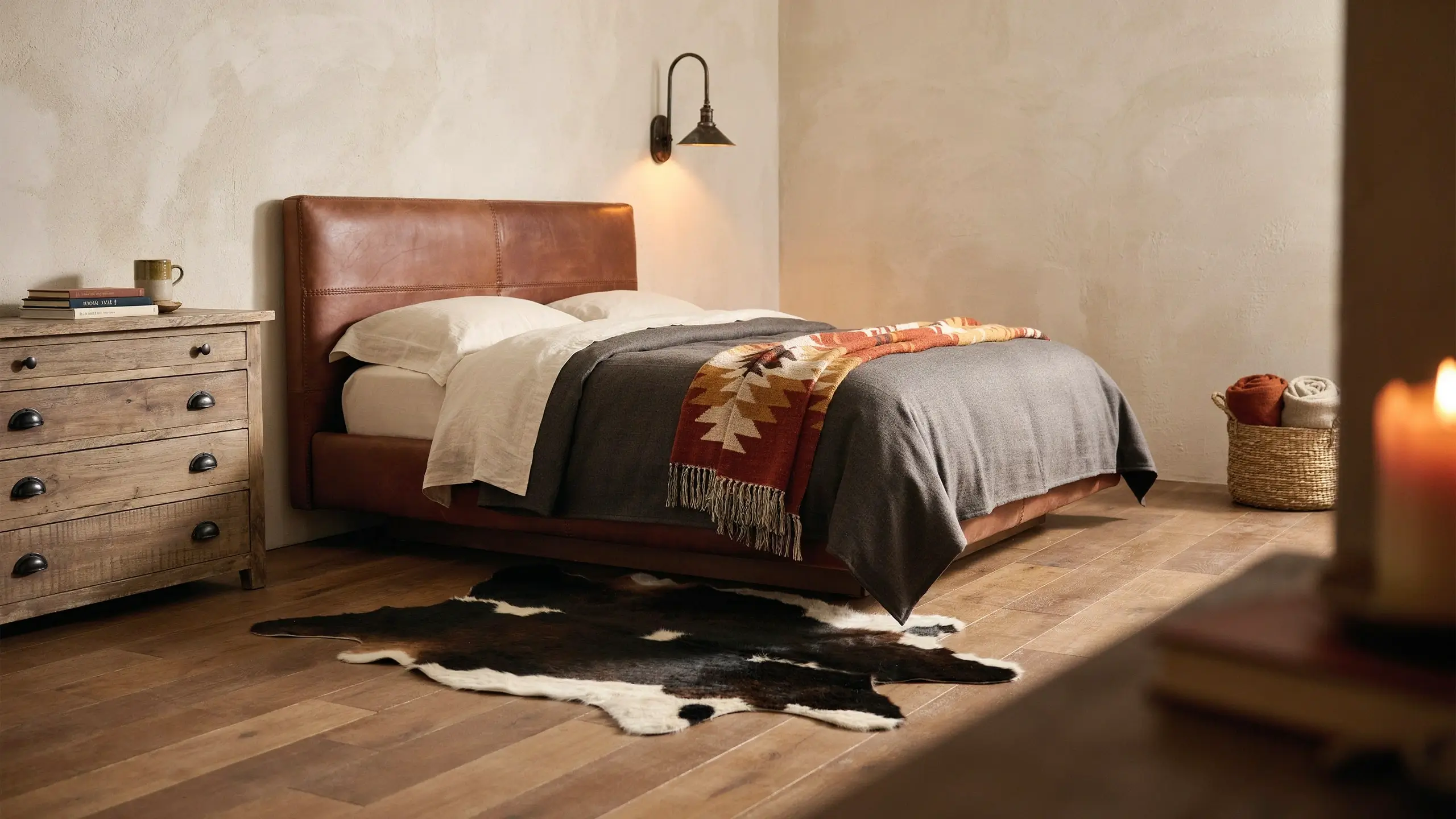 Western ranch modern rustic bedroom interior with brown leather headboard, Aztec throw blanket, and cowhide rug on wooden floor with warm sconce lighting.