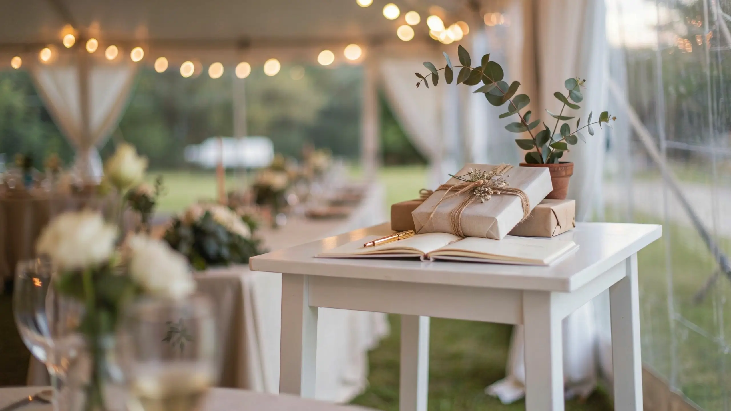 A white IKEA LACK side table displaying an open wedding guest book, gold pen, rustic kraft-paper gifts with twine, and a small potted plant at an outdoor tented reception. 