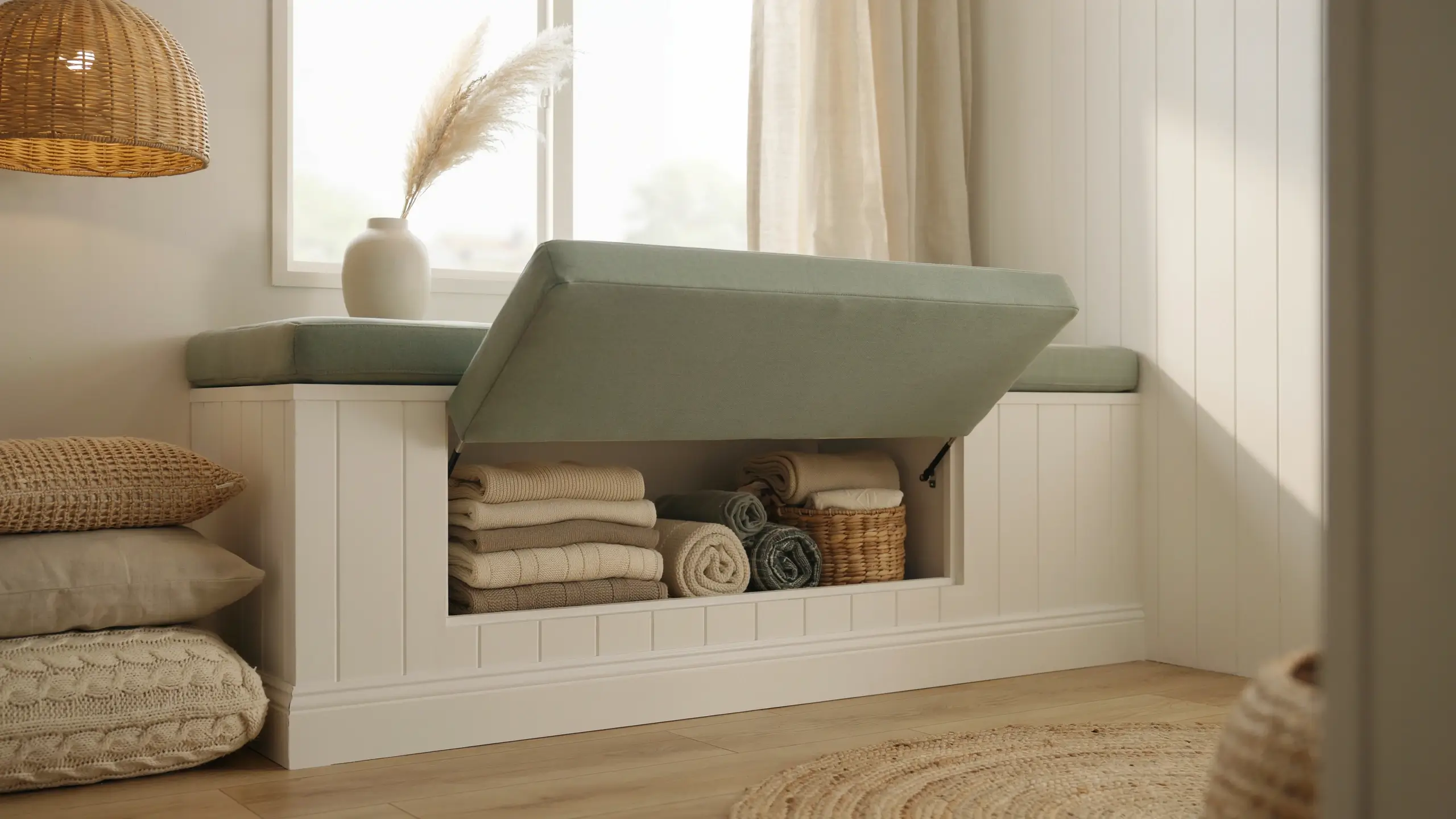 White beadboard window bench with a soft sage green lift-top cushion opened to reveal organized hidden storage for rolled towels and folded linens.