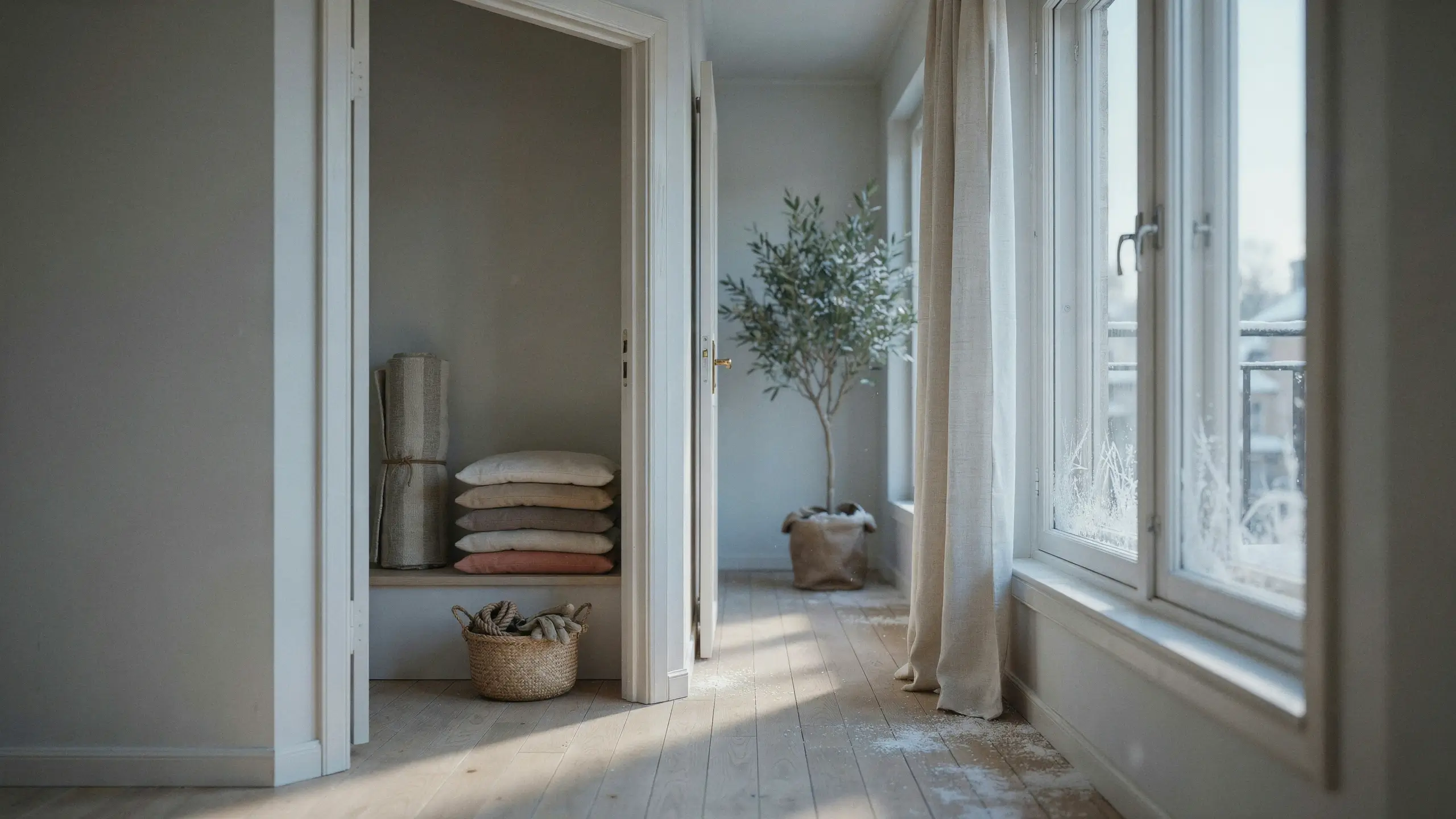 Minimalist winter textile storage in a sunlit closet with stacked pillows, rolled blanket, and frosty window.