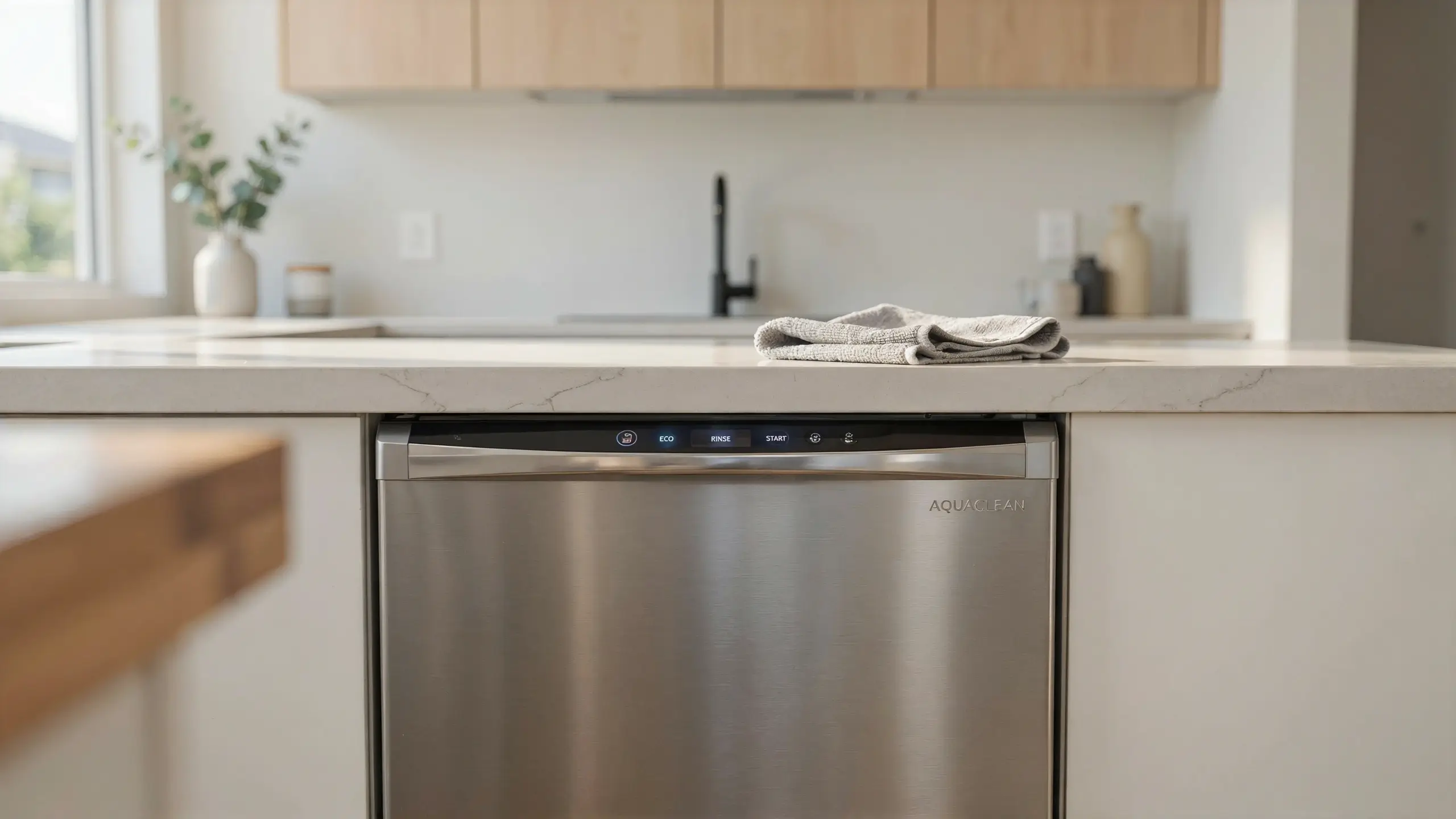 Folded gray towel on white quartz countertop above stainless steel AquaClean dishwasher control panel for exterior cleaning.