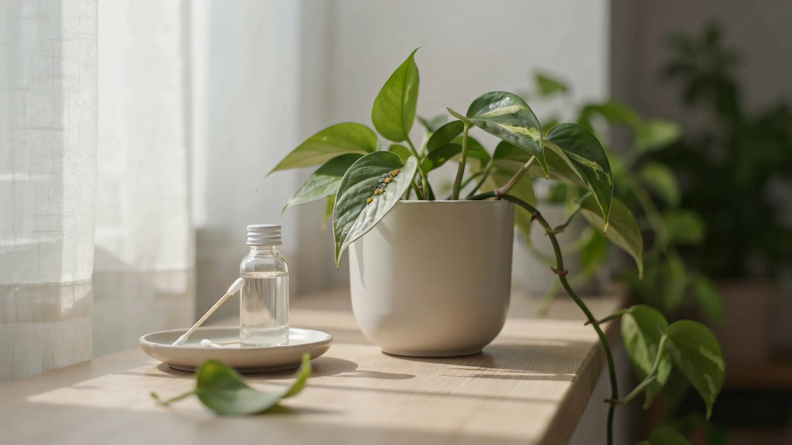 Close-up of a potted pothos plant leaf with mealybugs, next to a bottle of rubbing alcohol and cotton swabs for manual pest removal.