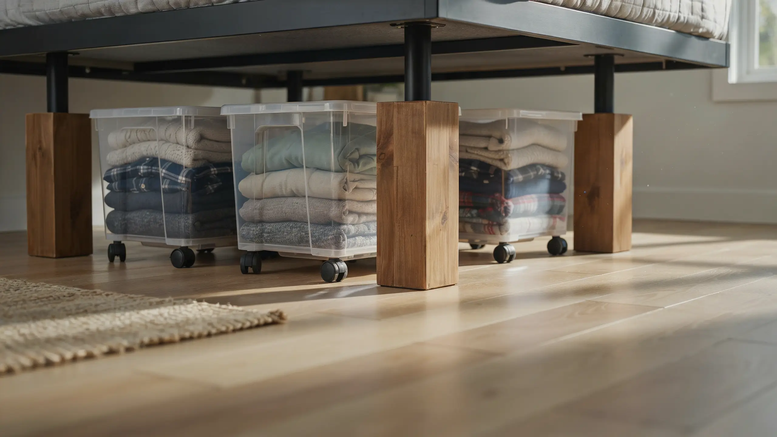 Clear rolling plastic storage bins filled with folded sweaters and clothes placed underneath a bed frame elevated by heavy-duty wooden bed risers.