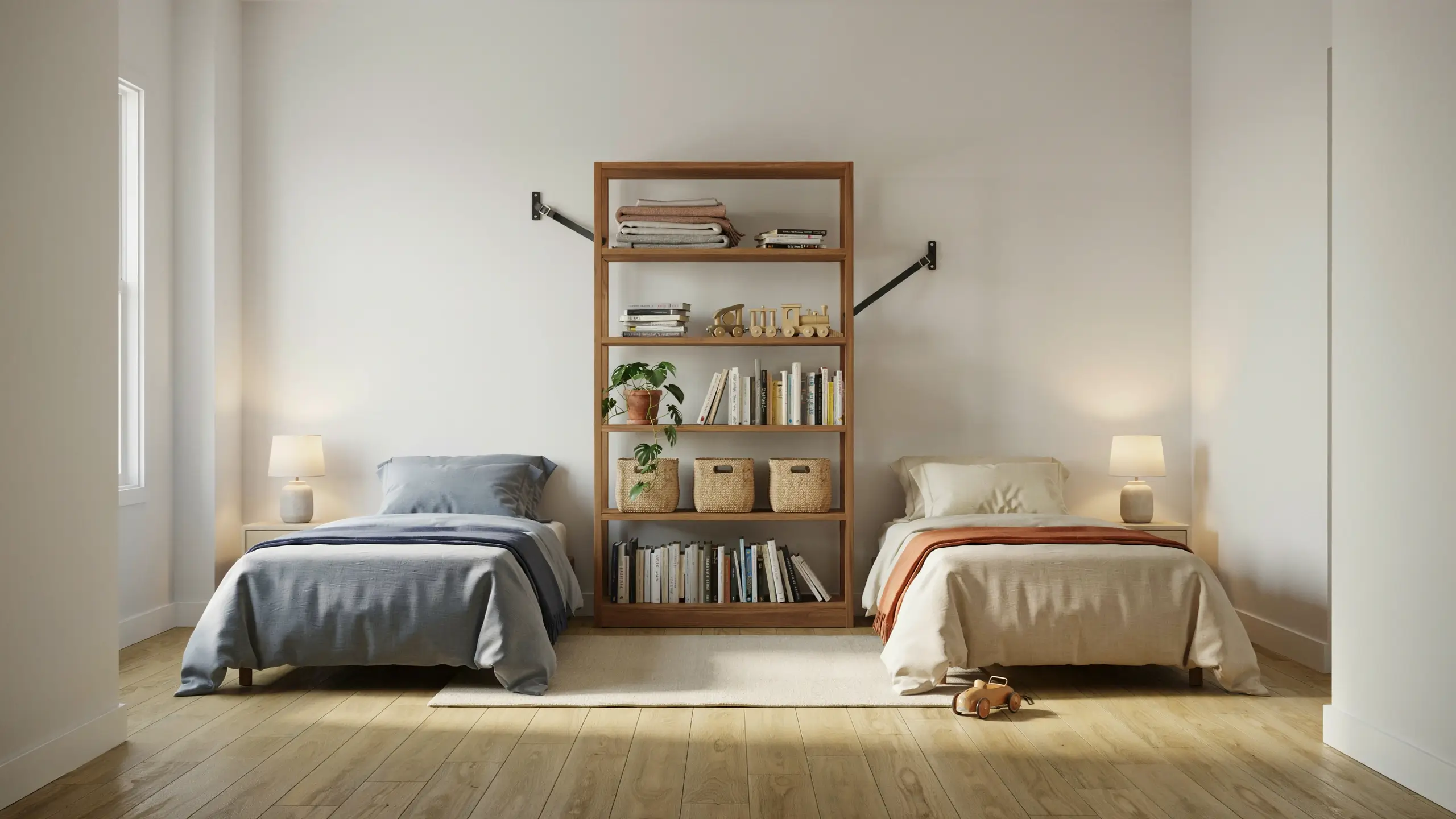 Two twin beds separated by a tall wall-mounted wooden bookshelf divider holding books, toy storage baskets, and a plant in a shared kids' bedroom.