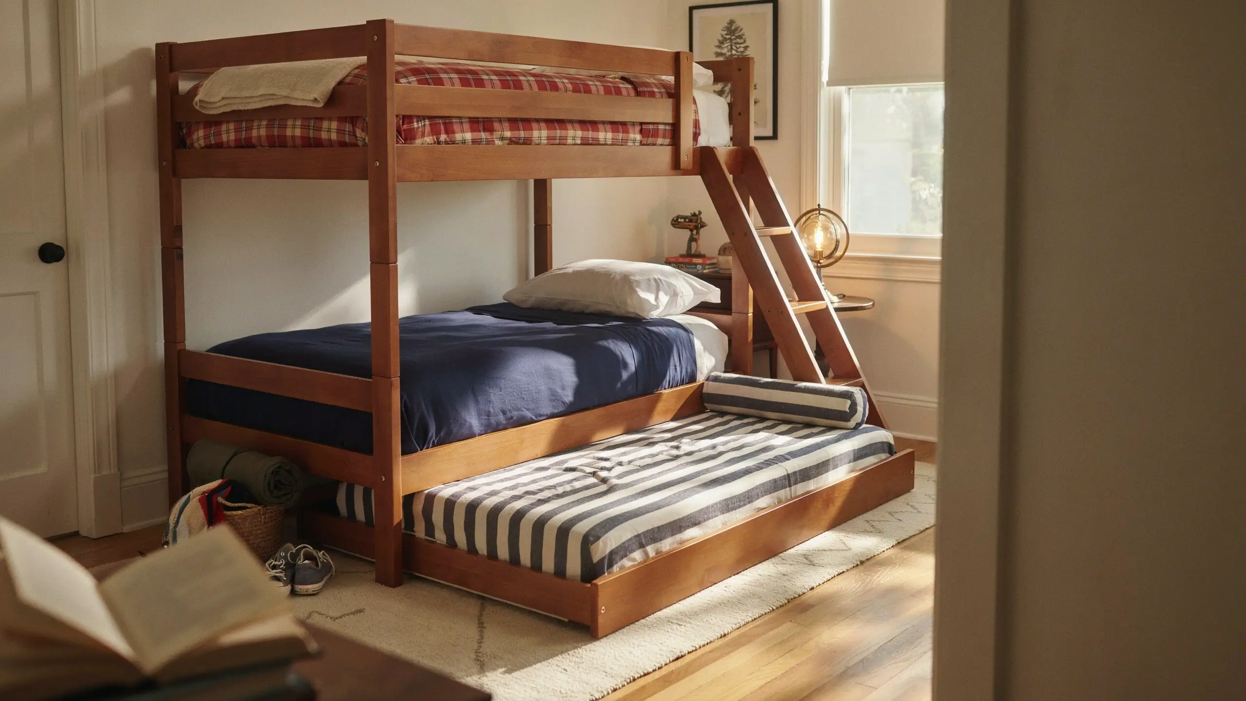 Wooden bunk bed with navy blue bedding and a pull-out trundle mattress in a sunlit kids bedroom.