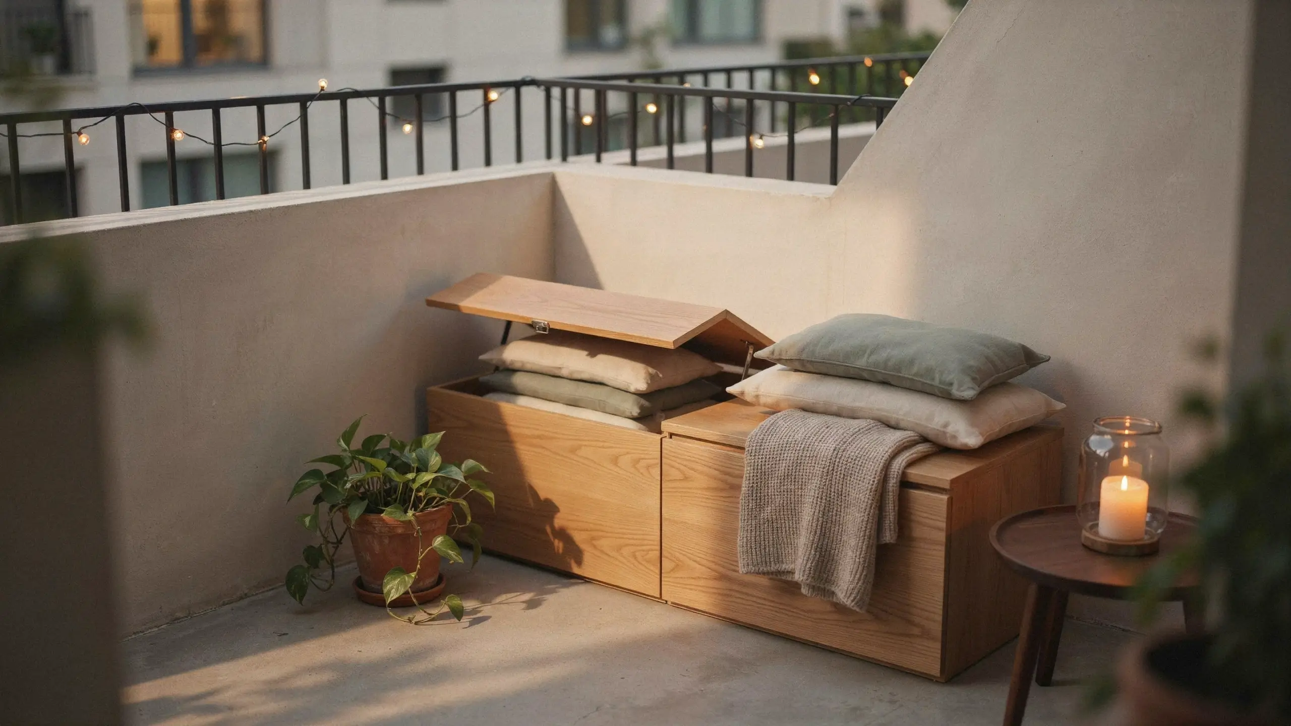 Cozy wooden corner storage bench on a balcony filled with pillows and a blanket.