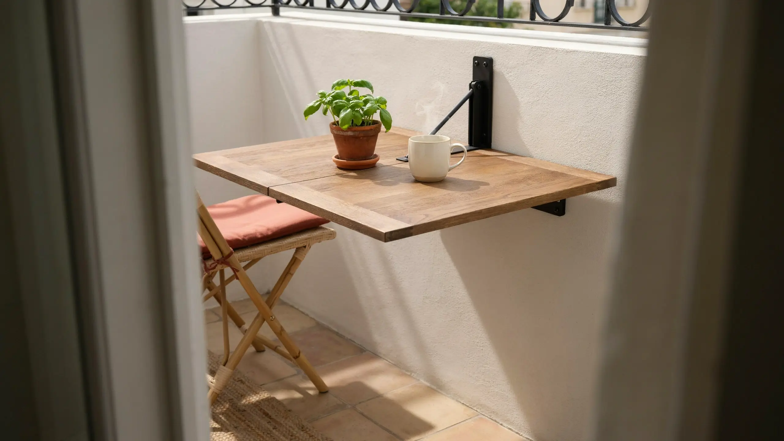 Wooden fold-down wall table mounted on a white balcony wall holding a potted basil plant and a white mug of hot tea, beside a bamboo folding chair with a peach seat cushion.