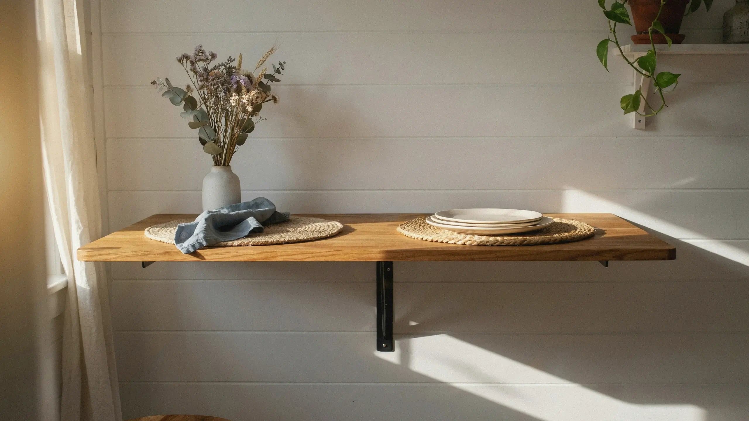 A rustic wooden fold-down wall table displaying stacked white plates and a vase of dried flowers, mounted on a white shiplap wall, illustrating a minimalist and space-saving dining setup.