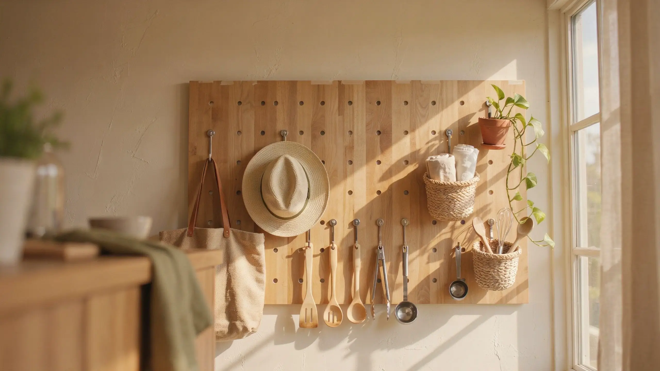 Light wooden pegboard wall organizer holding kitchen utensils, woven storage baskets, a straw hat, and a potted pothos plant in a sunlit, minimalist kitchen.