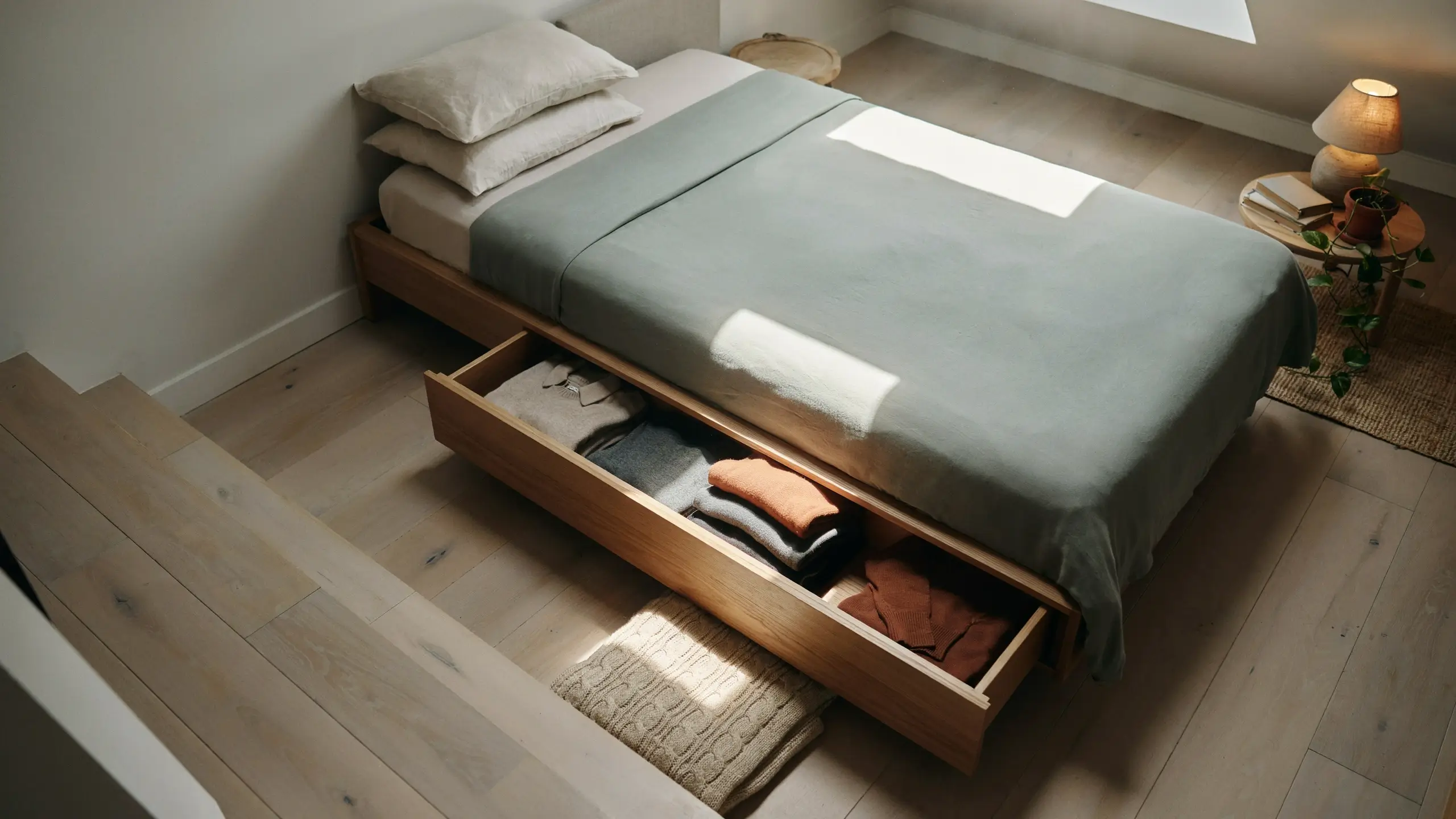 A minimalist wooden platform bed with a large built-in storage drawer pulled open, showcasing neatly folded sweaters in neutral and rust tones for space-saving bedroom organization.