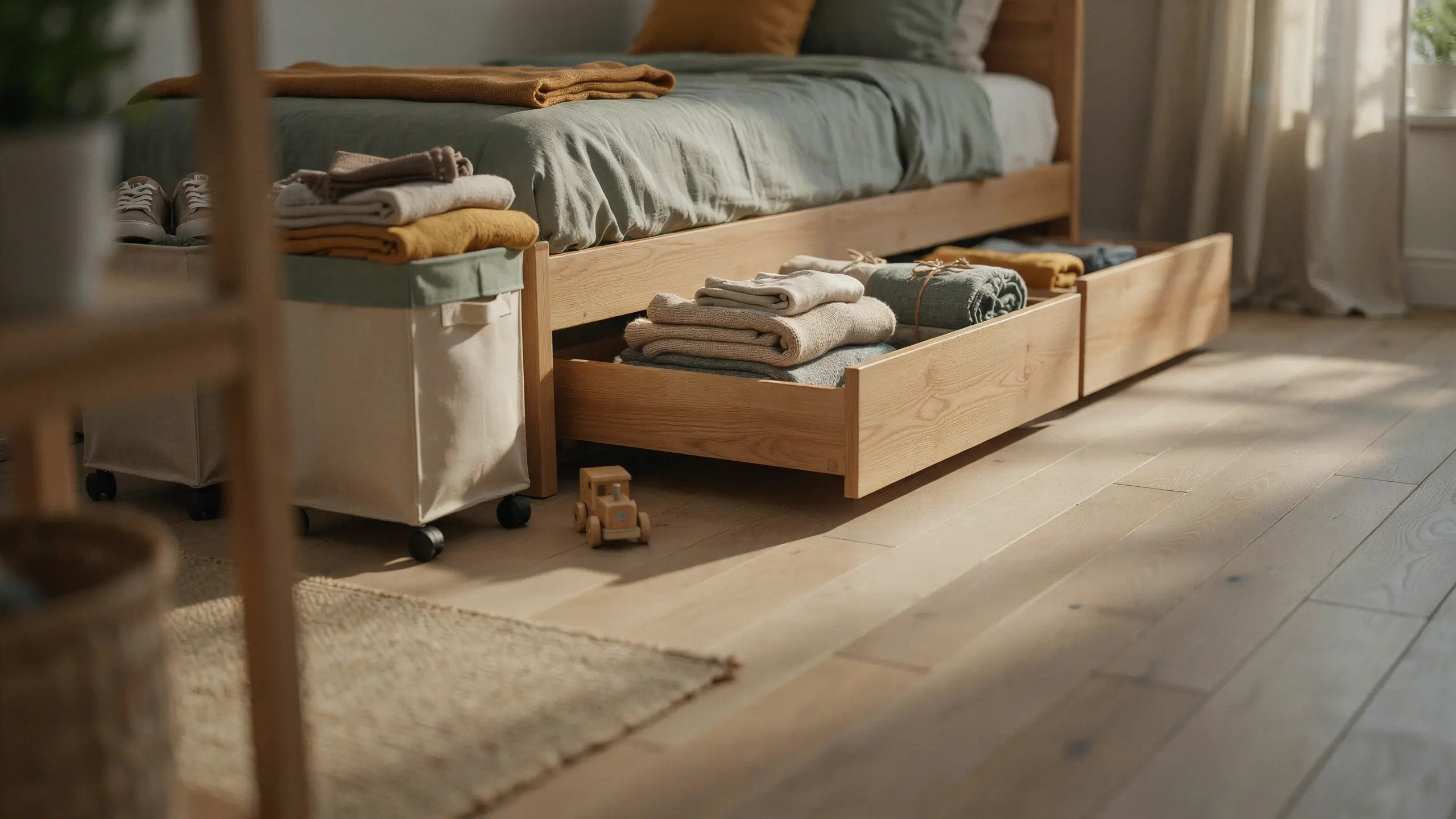 Wooden under-bed storage drawers and a rolling fabric bin organizing folded linens in a sunlit minimalist bedroom.