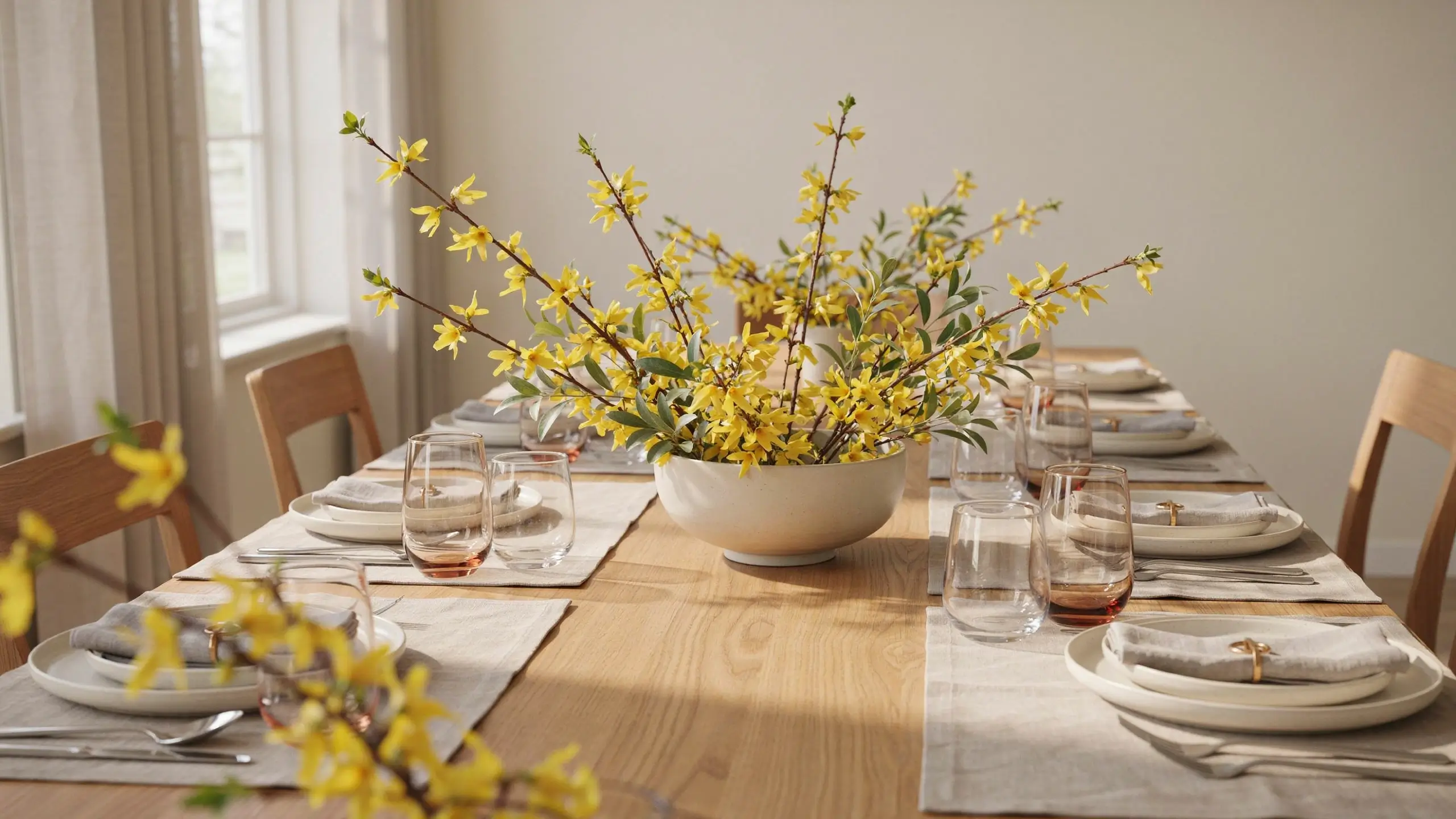 Blooming yellow forsythia branches in a white ceramic bowl on a sunlit wooden dining table set with beige linen placemats, white plates, and glassware for a spring gathering.
